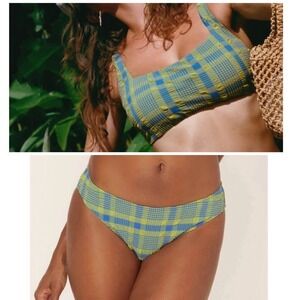 Andie Bikini Set‎ Rye Top S Bikini Bottom XS Swimsuit Plaid Green Blue NWT